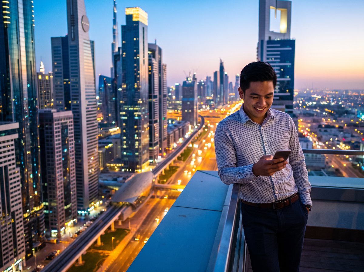 Filipino jobseeker with a Gulf city skyline