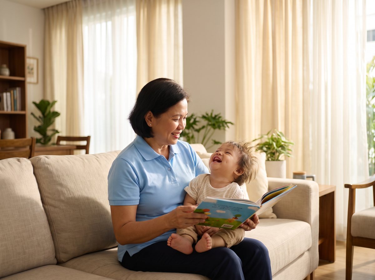 Filipina nanny reading with a child